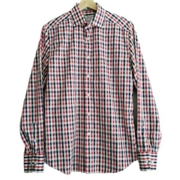 LINEA IN | Italy Button Down Dress Shirt Plaid 2-Ply Mens Sz 36/16 - Picture 1 of 11